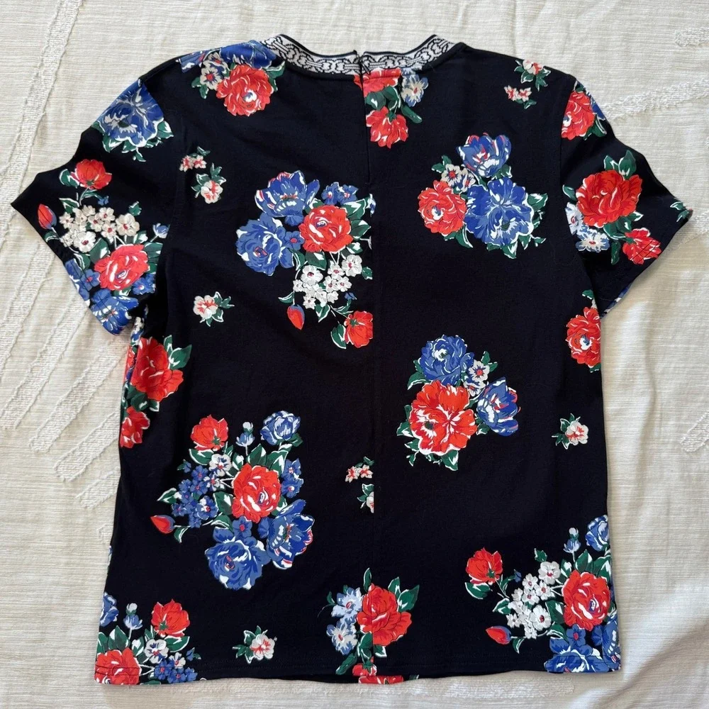Tory Burch Women's Medium Navy Tea Rose Floral Embellished T-Shirt